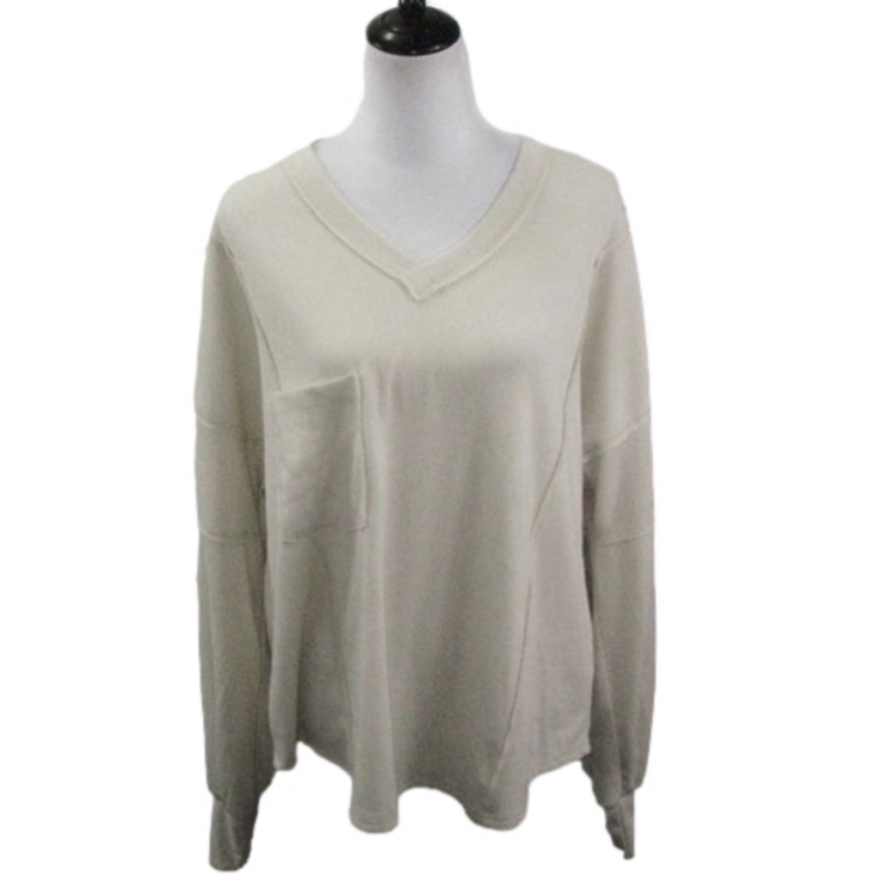 BTFBM Cream V-Neck Ribbed Exposed Seamed Wide Long Sleeve Top Size Large